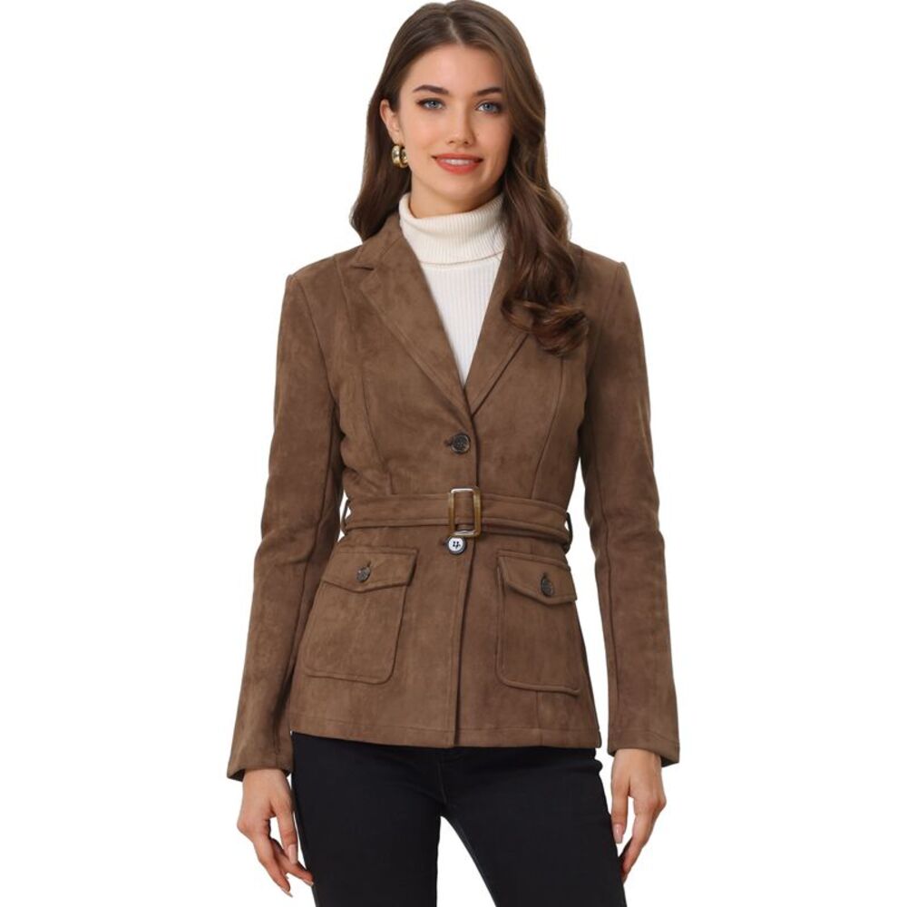 Faux Suede Blazer Belted Lapel Outwear Single Breasted Boho Jacket Dark Brown